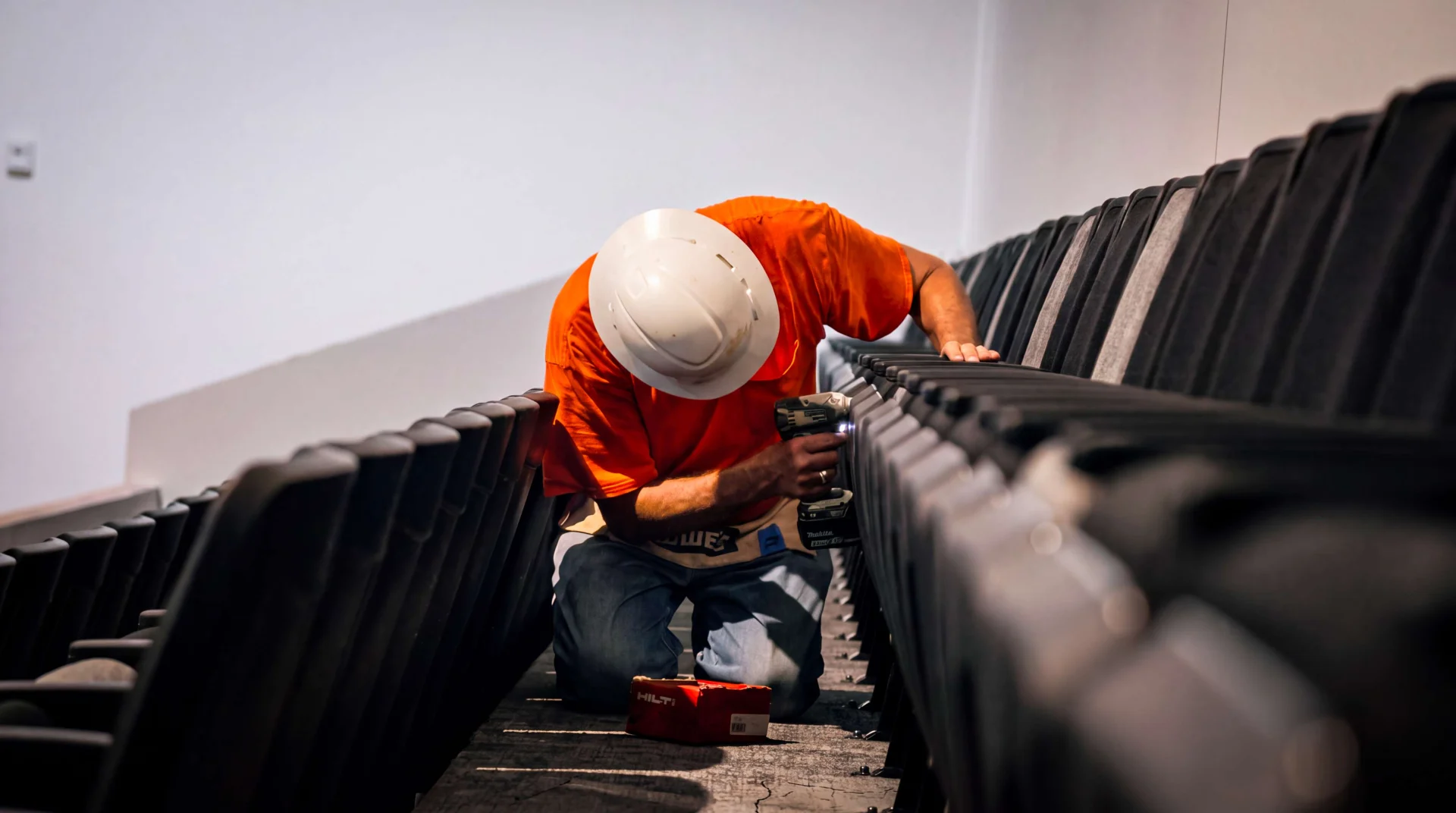 Chairs installed in the upper tier of the Worship Center